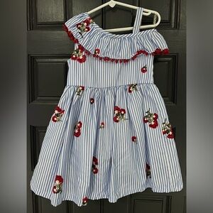 4T EUC blue/white striped girls dress with embroidered flowers
